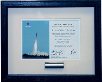 celestis earth rise memorial spaceflight launch certificate