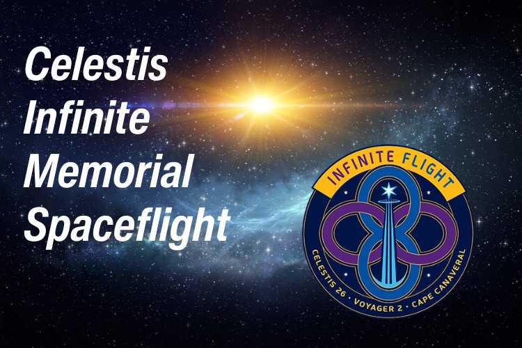 Celestis Infinite Memorial Spaceflight promotional graphic showing the official mission patch against a starry space backdrop