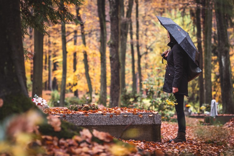 A mourner dressed in black, holding a small bouquet of flowers and standing solemnly by a tomb in a peaceful cemetery surrounded by trees