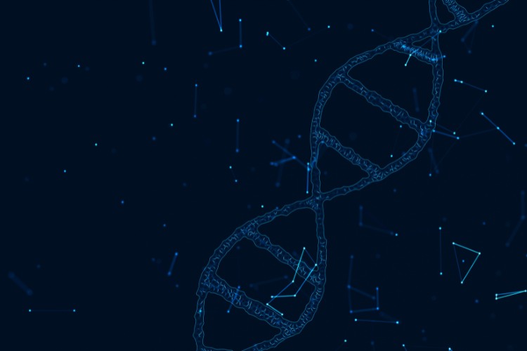 Blue DNA helix surrounded by connected dots and lines, representing the intersection of genetics and technology