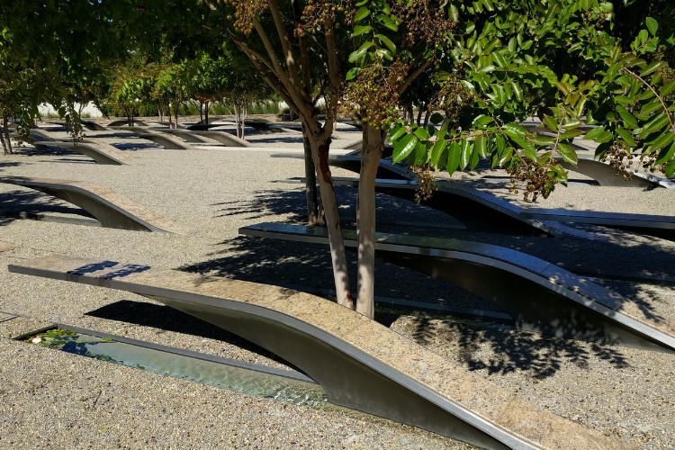 Memorial trees planted among unique reflective structures, representing a peaceful space to honor veterans and their sacrifice